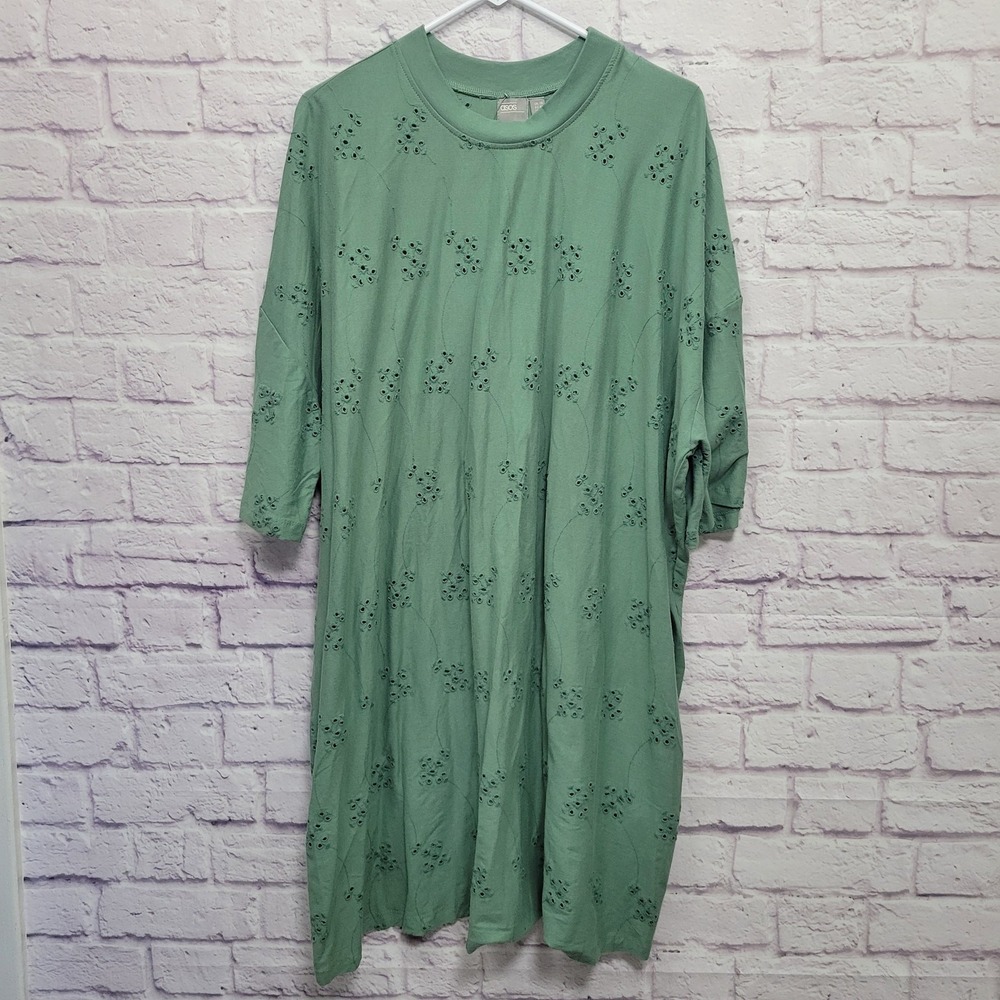 NEW ASOS Green Eyelet Tshirt Dress Size 14 Oversized Muumuu Comfy Lounge‎ Casual